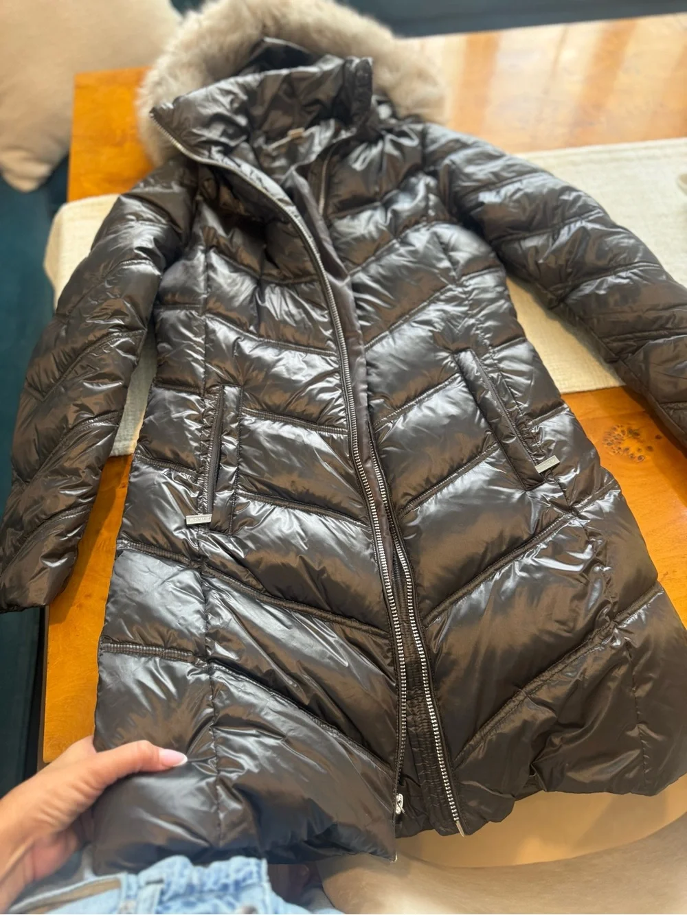 Michael Kors Charcoal Long Quilted Puffer Coat with Faux Fur Hood Nordstrom